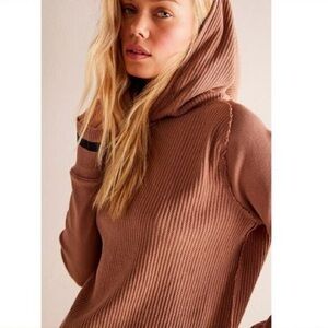 Free People Ribbed Hooded Sweater in Warm Brown